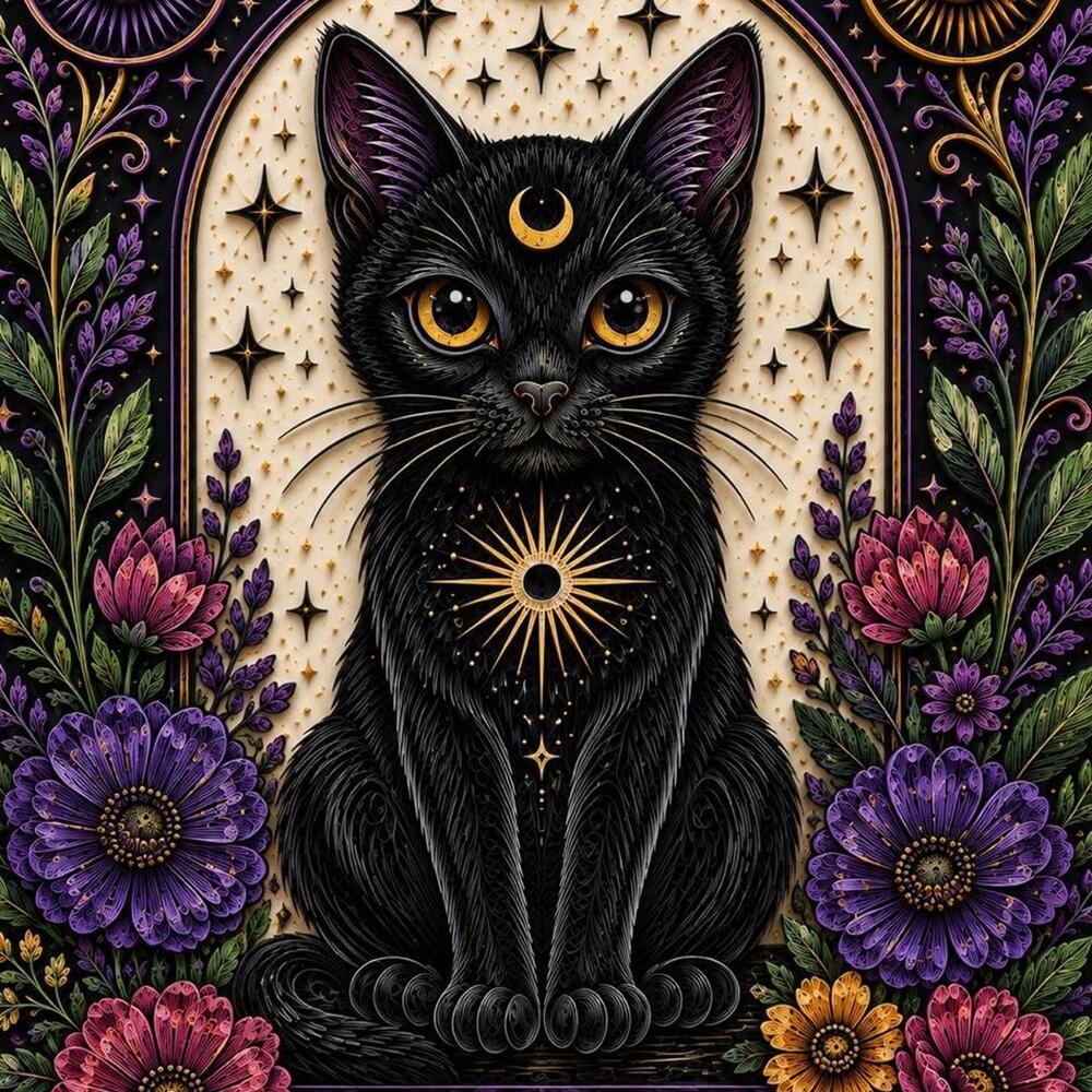 5x7 Framed Black Cat Tarot Art Print – Celestial Floral Gothic Wall Decor